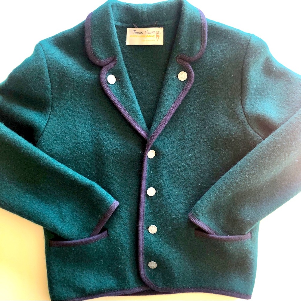 1960s Austrian Vintage Boiled Wool Jacket With Nickel Buttons Blue-Green w Navy